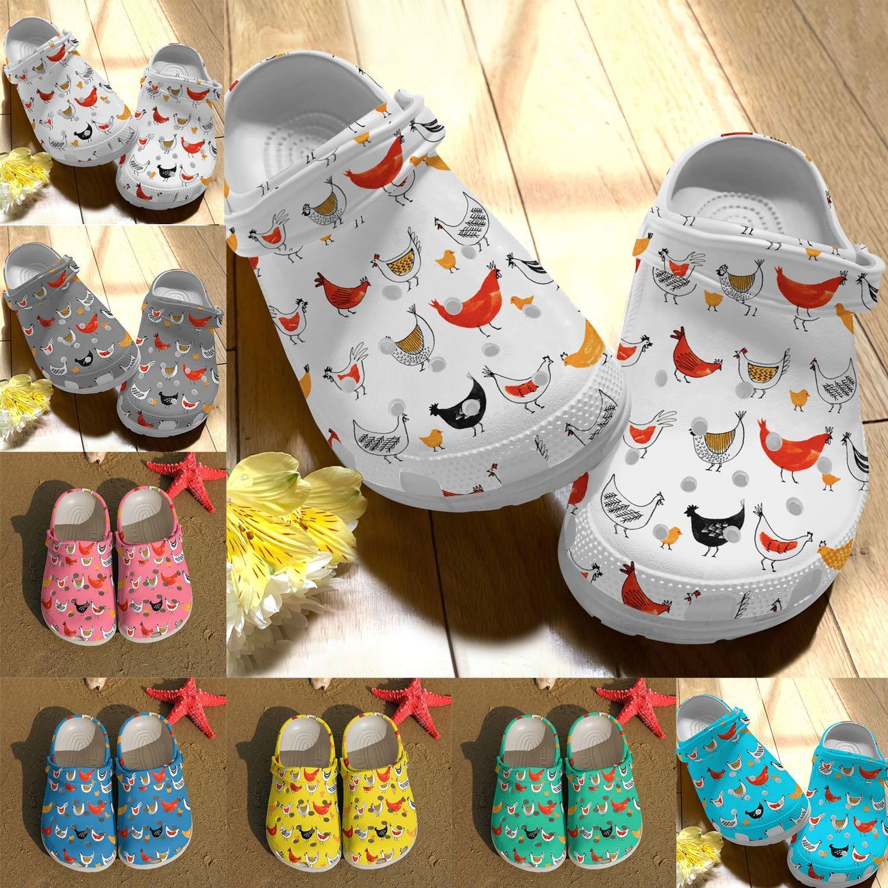 Chicken Personalize Clog, Custom Name, Text, Fashion Style For Women, Men, Kid, Print 3D Whitesole Chicken Pattern (7 Colors)