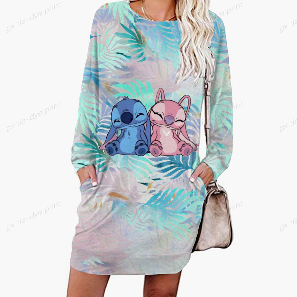 Autumn Women Disney Stitch Print Loose Long Hoodie Kawaii Cartoon Print Hooded Sweatshirts Casual Christmas Sweatshirt Dress alx