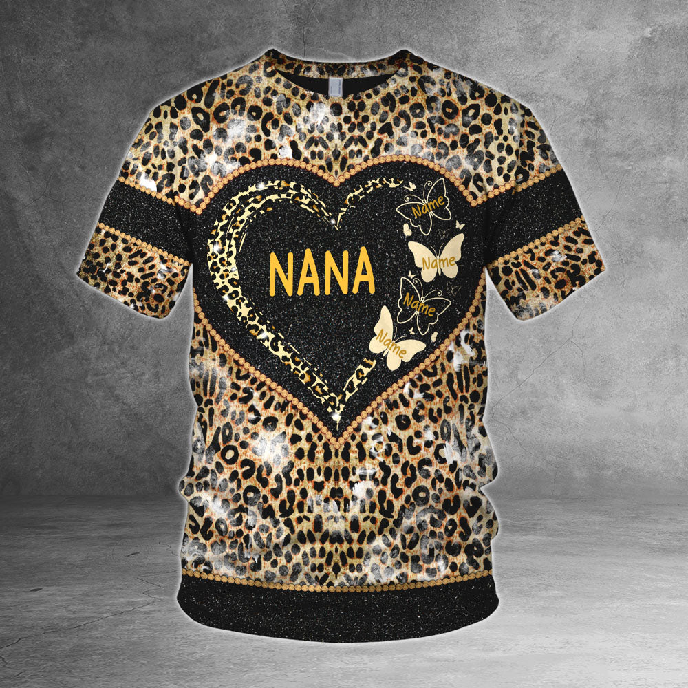 Nana Heart Butterflies Leopard Pattern Personalized All Over Print Shirt, 3D Shirt For Grandma