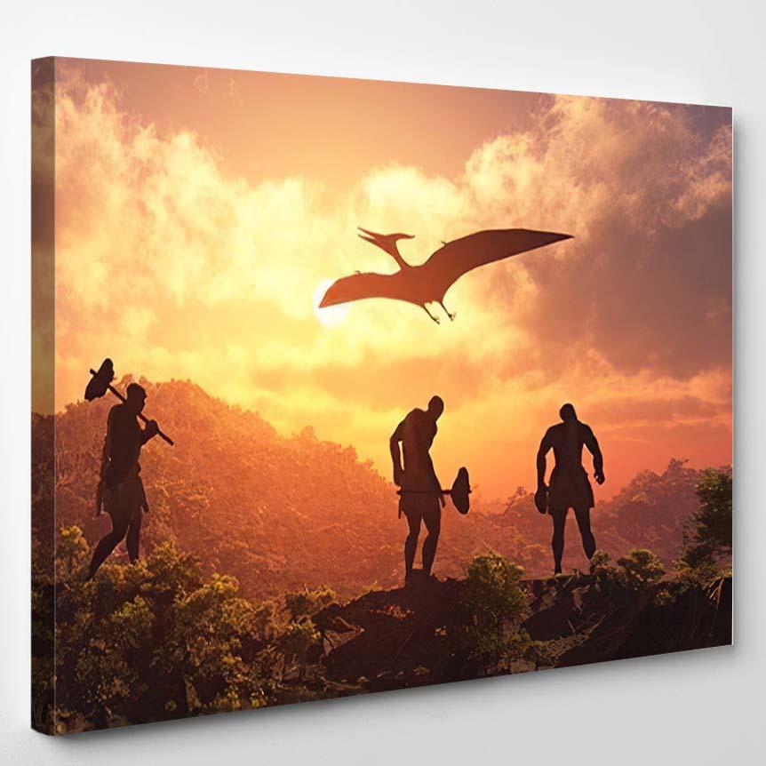 Primitive People Dinosaur Sunset3D Render – Dinosaur Animals Canvas Print