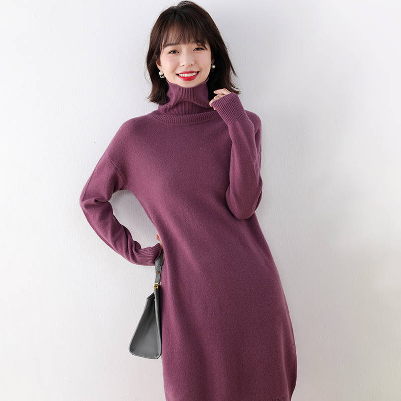 Women loose sweater 100% Wool Knitted Turtleneck Sweater Longer Dress Female Winter Autumn High Quality Stardard Woolen Dress alx