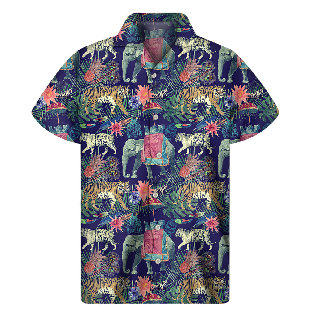 Asian Elephant And Tiger Print Men’S Short Sleeve Shirt