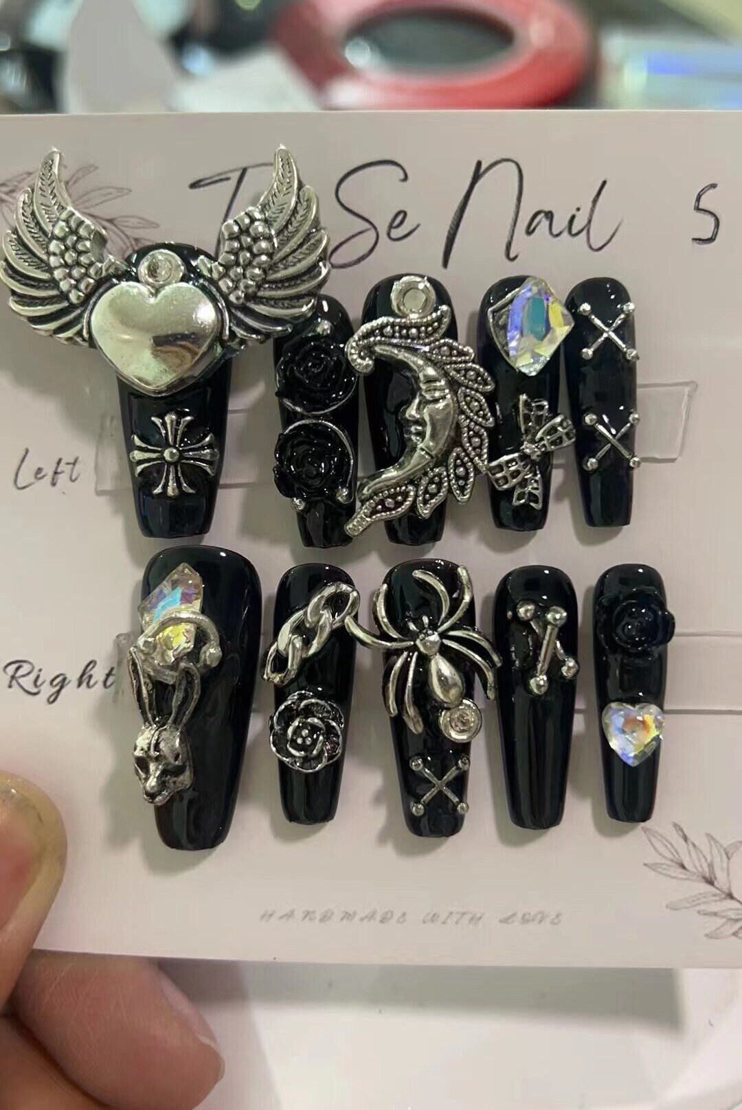 Black heart Wing Press On Nails/ Gothic Press On Nail #306