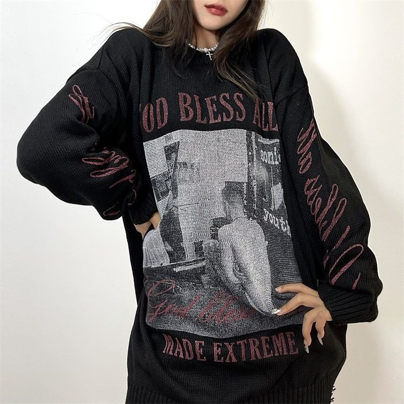 Y2K Punk Print Oversized Sweaters O-neck Long Sleeve Loose Knitted Pullovers 2022 Fall Winter Harajuku Gothic Casual Jumpers alx