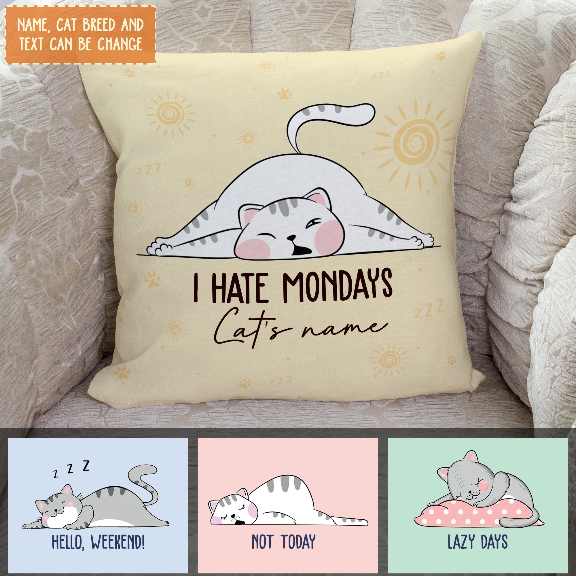 Customized Pillow Cats Sleep I Hate Mondays Custom Name Kitten Lazy Cat Bespoke Home Decor Gift Idea