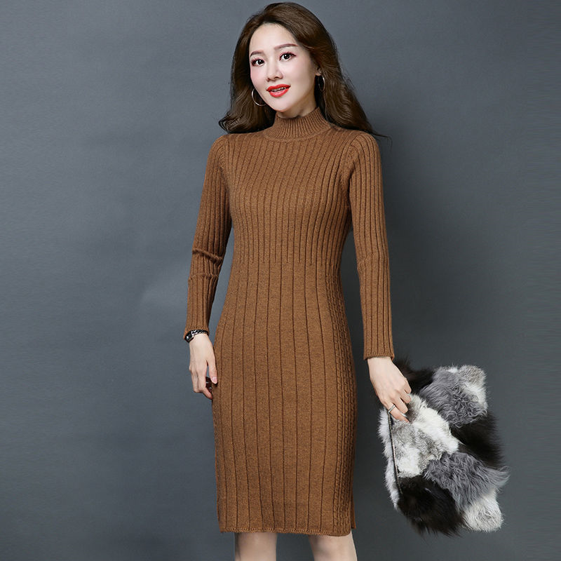 Woman’s Slim For Long Sleeve Bottoming Dress Ladies Knitted Dress Casual Half Turtleneck Sweater Dresses Autumn Winter Vestidos alx