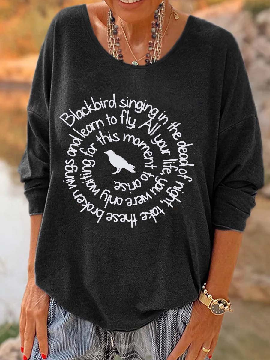 Women Hippie Blackbird Singing In The Dead Of Night Printed Long Sleeve T-Shirt