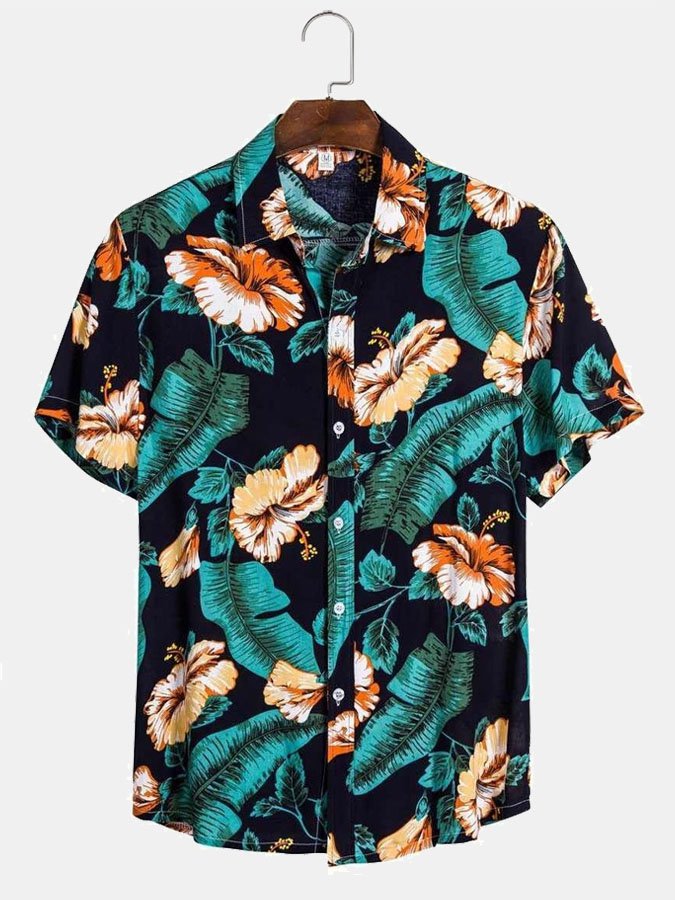 Vintage Hibiscus Floral Leaf Print Hawaii Shirt Ha98775