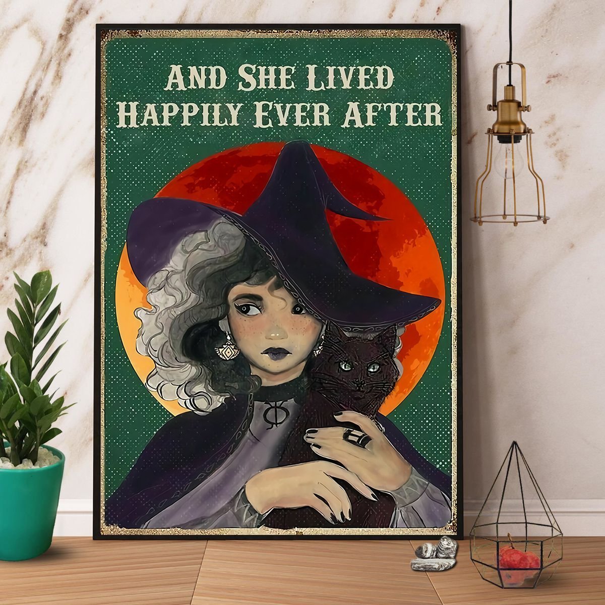 Witch & Black Cat And She Lived Happily Ever After Halloween Gift Paper Poster No Frame  Matte Canvas Wall Decor