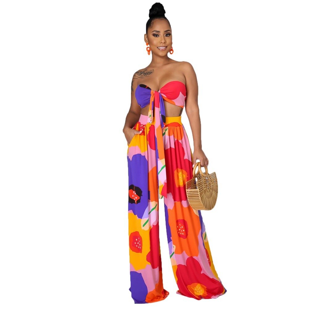 Dashiki Women African Clothes For Women Floral Printing Long Dress New Casual Elegant Tube Top Pants V-Neck Women’S 2-Piece Su