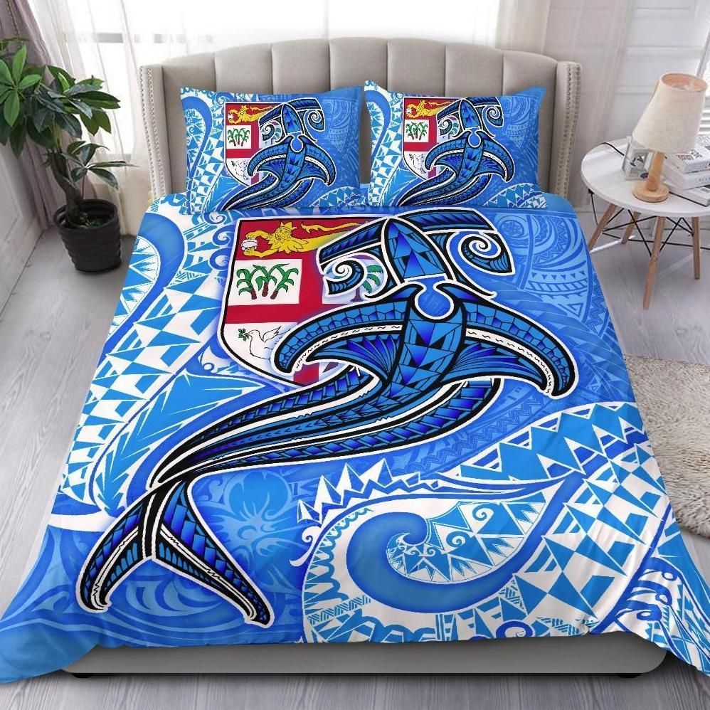 Alohawaii Bedding Set – Cover And Pillow Cases Fiji – Blue Shark Polynesian Tattoo – Bn18