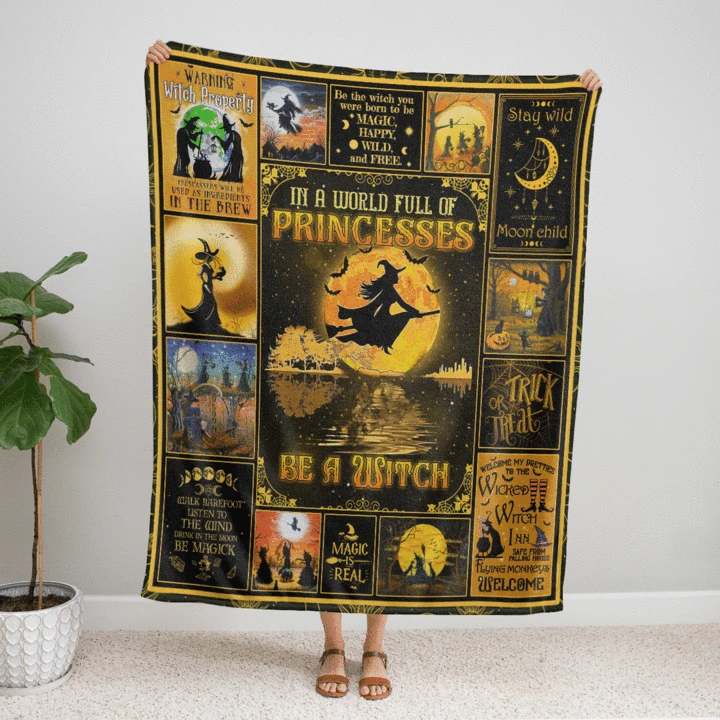 Be A Witch Broom Riding Witch Halloween Yellow Tone 3D Print Fleece Sherpa Blanket