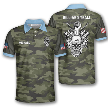 Skull Camo Custom Billiard Shirts For Men, Men’S Billiard Polo Shirts, Custom Billiard Ball For Team