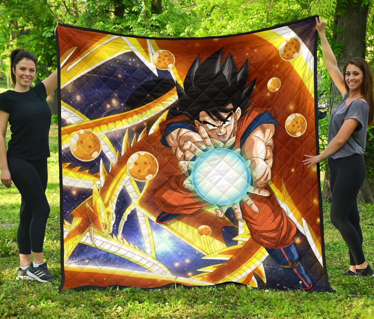 Dragon Ball Anime Db Goku Fighting With Golden Shenron Dragon Premium Quilt Blanket