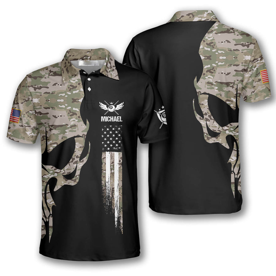 Skull Camouflage Custom Billiard Shirts For Men, Custom Billiard Shirts For Team, Billiard Polo Shirts