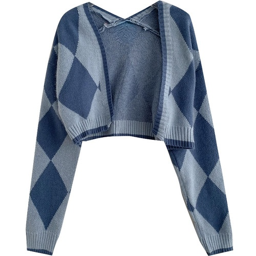 Cardigan Women College Daily Argyle Preppy Style Autumn Fashion Soft Open-stitch New Casual Slim Crops Sweater Female Lovely Ins alx