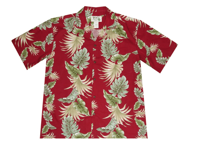 Mens Red Button Down Hawaii Shirt With Green Hawaii Leaves Ha61336