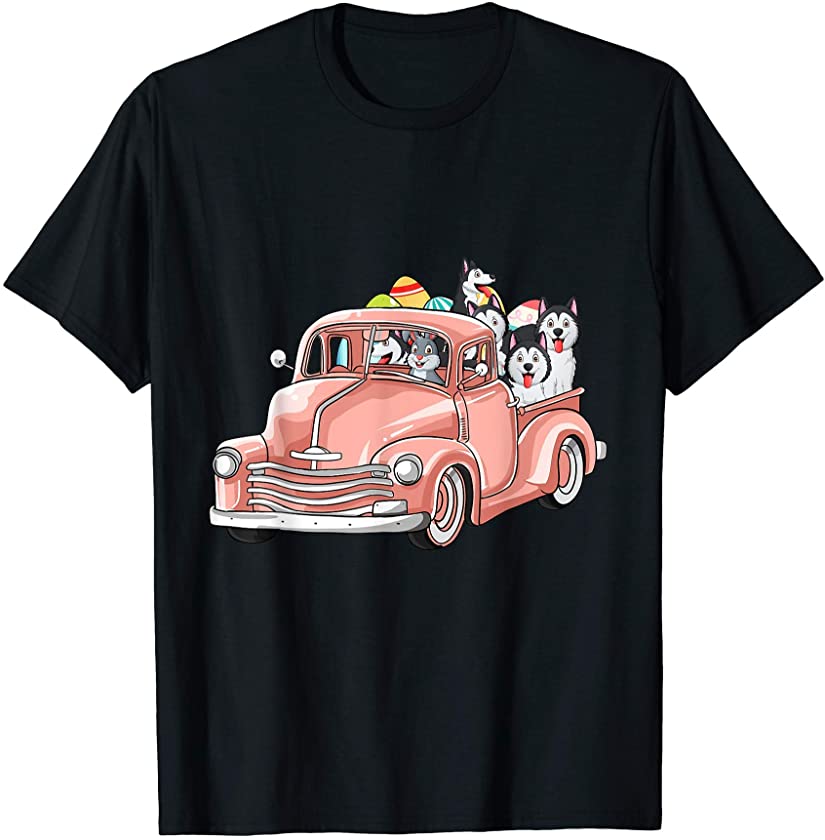 Bunny Riding Truck Easter Day Husky Dogs Eggs Hunt Mens T-Shirt