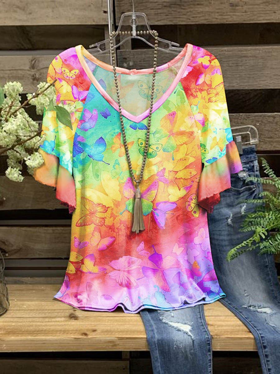 Women’S Rainbow Butterfly Printing V-Neck Casual Top