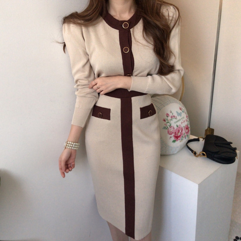 Autumn Winter Korean Fashion Knitted Suit Women’s O-Necked Cardigan Sweater + High Waist Midi Skirt Two Piece Set Casual Outfits alx