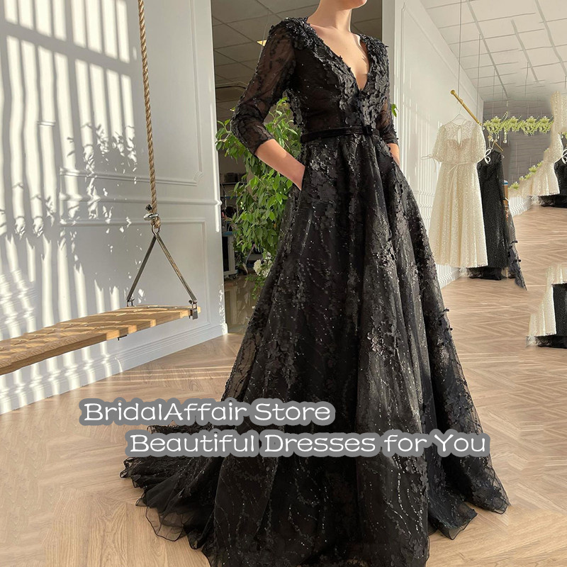 BridalAffair A-Line Prom Dress V-Neck Three Quarter Sleeveless Lace Evening Party Gowns Saudi Arabia Celebrate Dress Custom Made alx