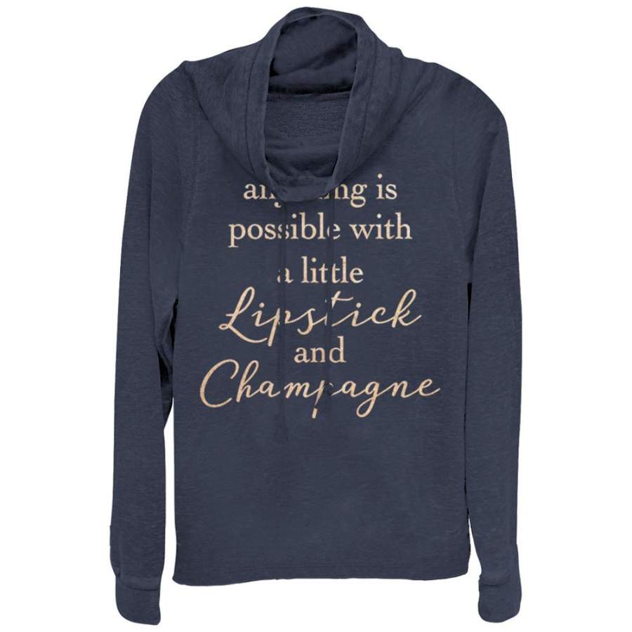 CHIN UP Junior’s Lipstick and Champagne  Cowl Neck Sweatshirt Navy Blue