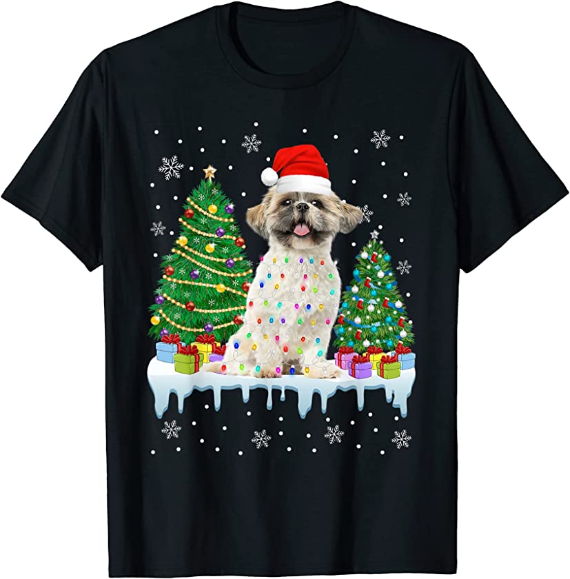 Shih Tzu Dog Christmas Tree Funny Xmas Lights Puppy Lover T-Shirt