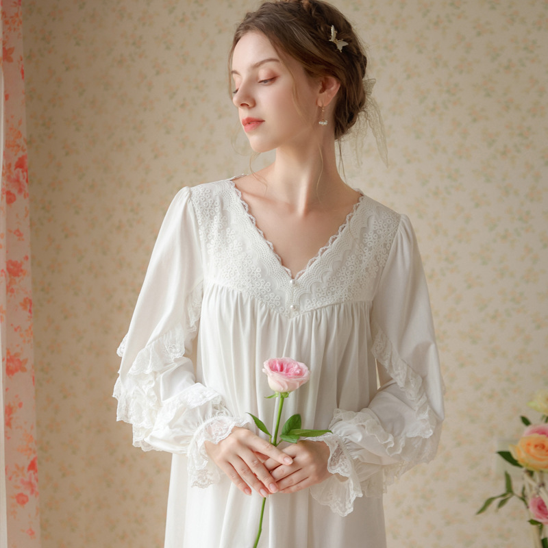 Sweet Lace Cotton Night Dress Women Spring Fall Long Sleeve Peignoir Sleepwear Fairy White Nightwear Vintage Victorian Nightgown alx