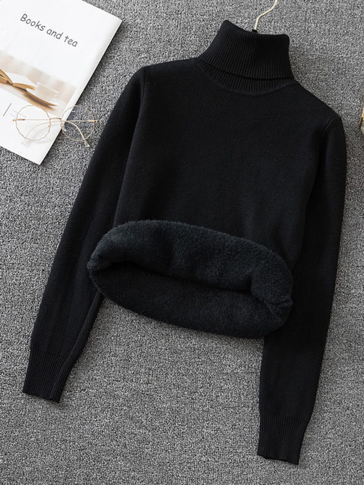 ZOKI Thick Hairy Women Turtleneck Sweater Winter Black Pullover Knitted Jumper Soft Simple Solid Warm Basic Tops Casual Sweater alx