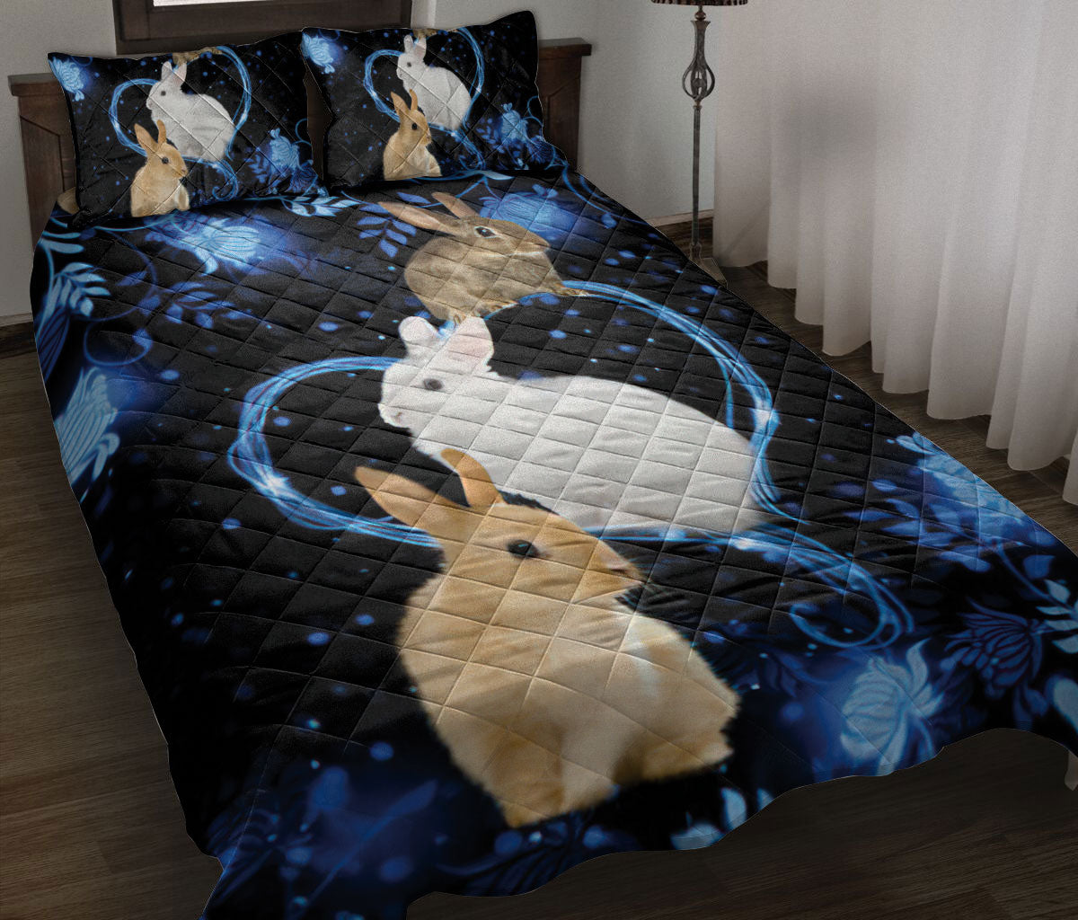 Rabbit Quilt Set, Cute Rabbit Bunny Blue Heart Floral Quilt Blanket With Pillowcases, Quilt Bedding Set