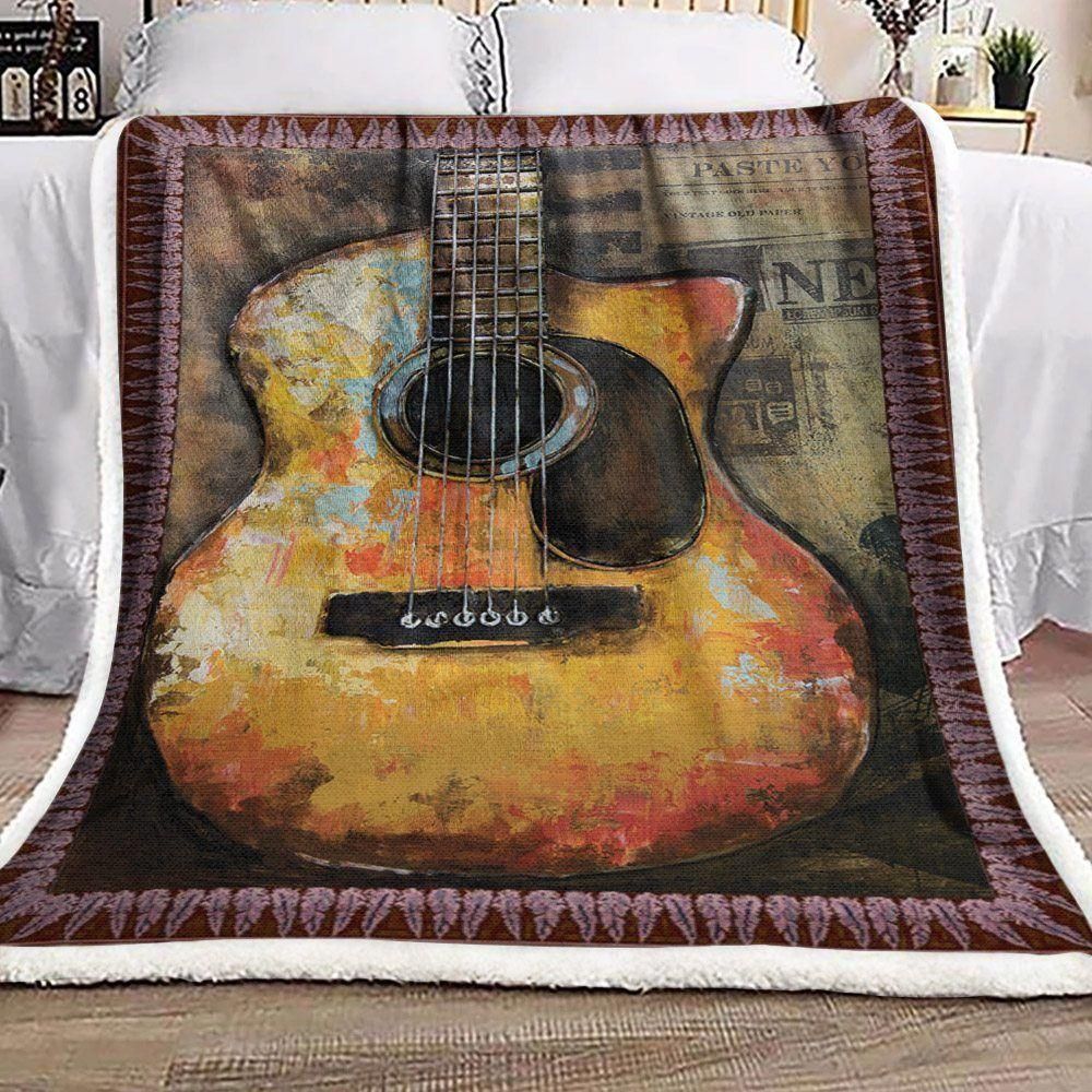 Antique Guitar Oil Painting Art Printed Fleece Blanket, Sherpa Blanket, Gift For Parent, Family Member, Friends Gift, Christmas Gift, Home Decor, Home Living