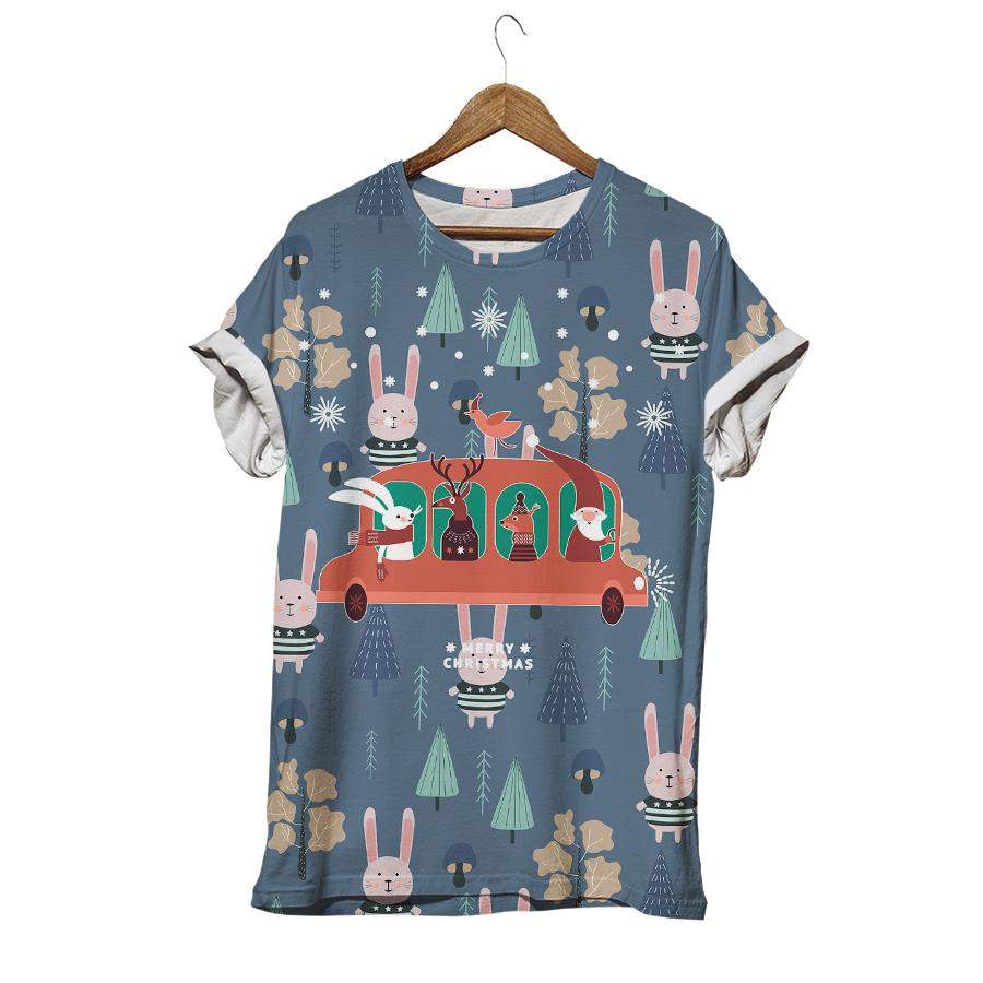 Merry Christmas Bus With Cute Animal Snowflake Pine Rabbit T-shirt