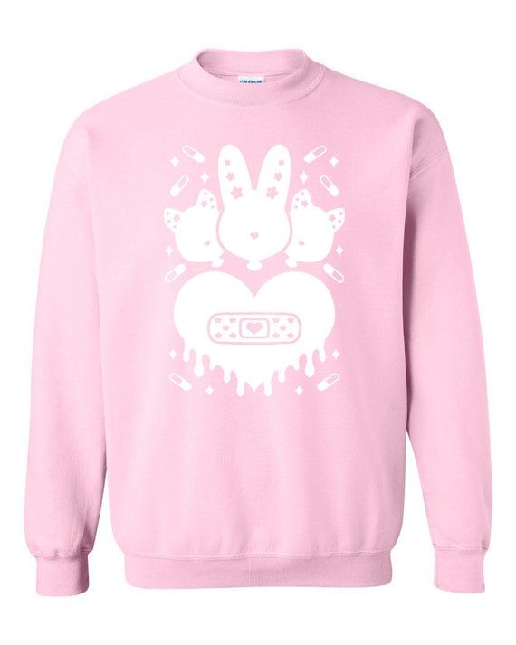 Menhera Bunny Kitty Balloons Heart Bandaid Sweatshirt Yume Kawaii Harajuku Heart Blood Bleeding Stars Pills Medication Medical Nurse WHITE