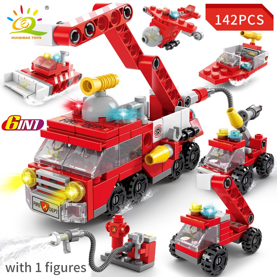 HUIQIBAO 6IN1 City Fire Car Police Truck Engineering Crane Building Blocks Tank Helicopter Bricks Set Toys for Children Kids alx