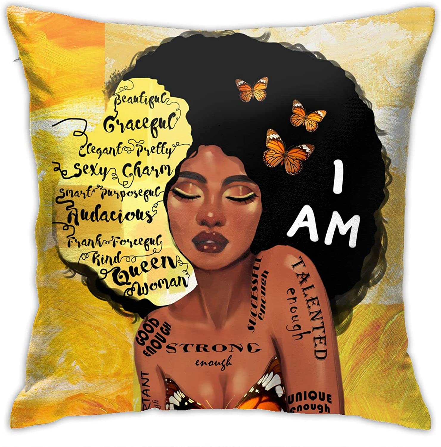 African American Women Throw Pillow Cover Graffiti Afro Black Woman Butterfly Cushion Covers Zipper Square Pillowcase Decor