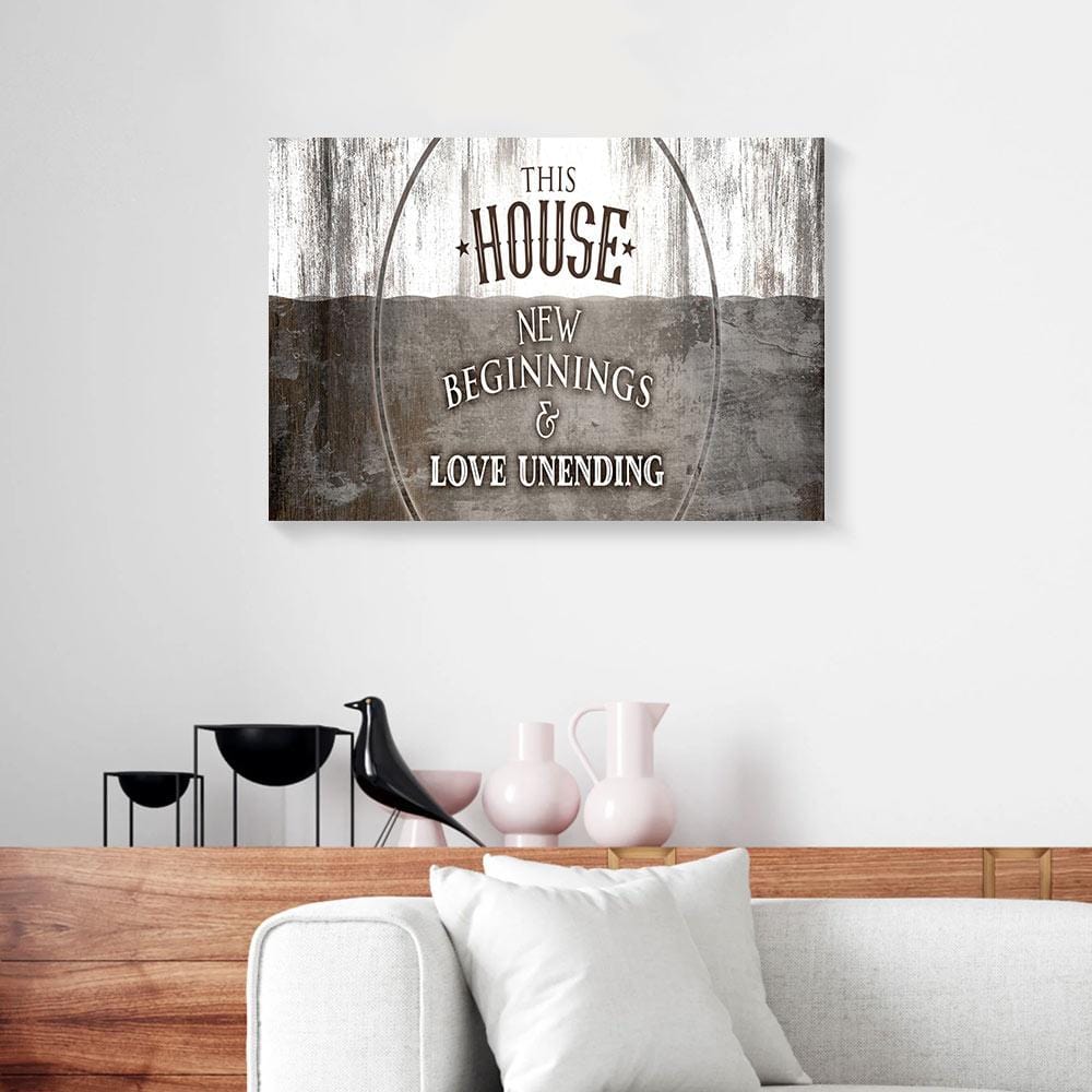 Canvas Wall Art This House New Beginnings And Love Unending Brown Wood Family Canvas Wall Art Home Decoration