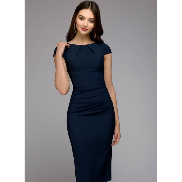 2022 Spring Summer dress Women Slim dress Short Sleeve Office Business Dress Elegant Sheath Party Dark Blue Dress alx