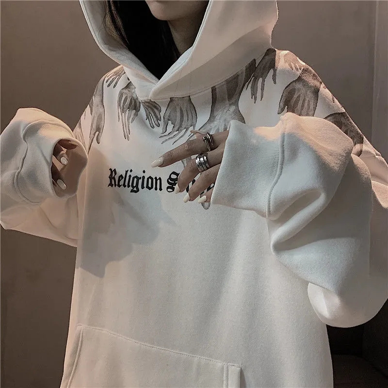 Harajuku Korean Hip Hop Goth Loose Dark Demon Letter Print Hooded Sweatshirt Couple Ins Punk Streetwear Casual Chic Unisex Tops Alx Men/Women Shirtspotlight
