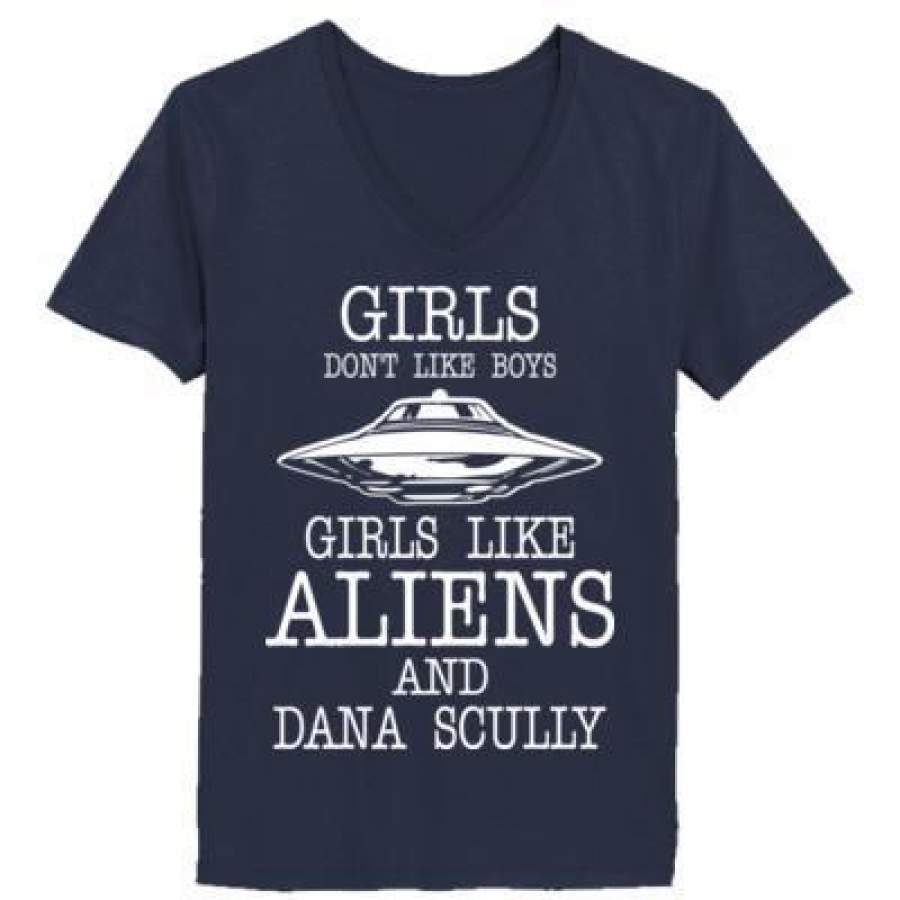 AGR Girls Dont Like Boys Girls Like Aliens And Dana Scully – Ladies’ V-Neck T-Shirt