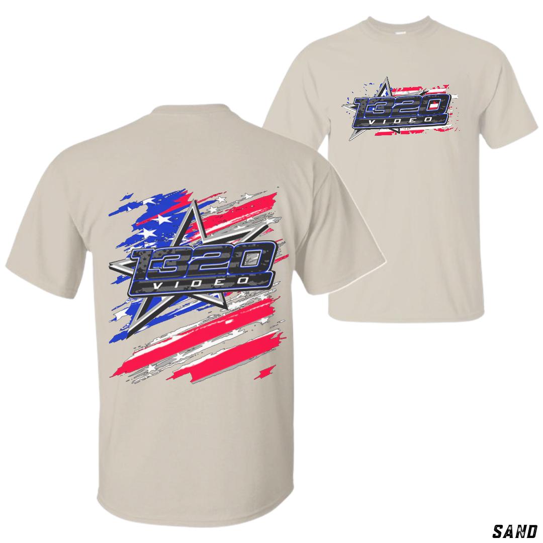 1320 VIDEO American Flag Star Graphic T-Shirt For Men For Women, Trendy Cotton Apparel Featuring Patriotic Red White Blue Design, Casual Menswear Top, Perfect Gift For Car Racing Fans and USA Pride