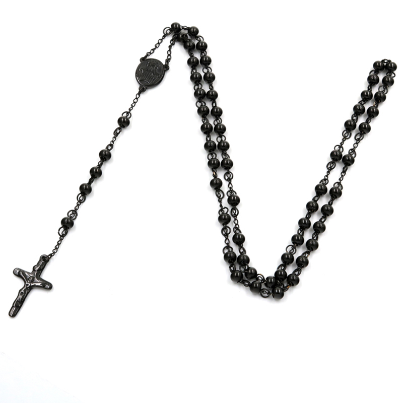 1 Virgin Mary Rosary Necklaces Bead Chain Cross Jesus Pendant Catholic Church Stainless steel Women/Men Christian Black Jewelry alx