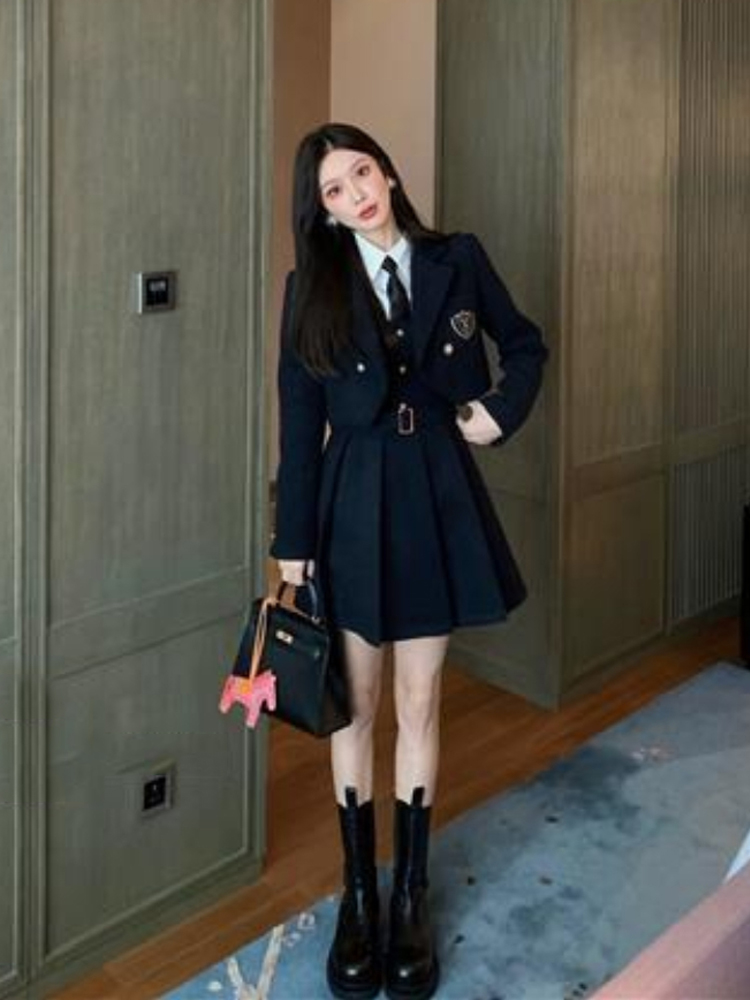 Women Blazer Shirt Dress Three-piece Suits Autumn Spring 2022 College Style Long-sleeved Shirt+woolen Short Coat+suspender Dress alx