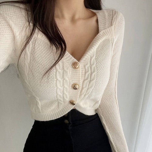 Vintage Knitted Sweaters Woman Crop Top Long Sleeve Sweater Single-breasted Cardigans Women Korean Style Outwear alx