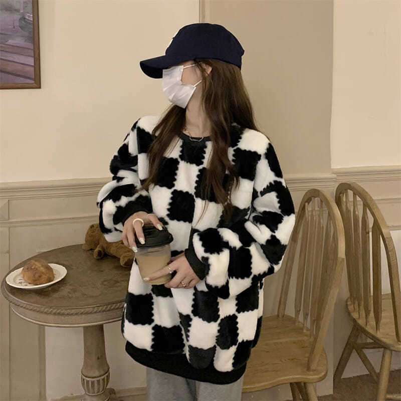 Women’s Sweater Oversize Y2k Tops Long Sleeve Spring Autumn Plaid Pullover Goth Streetwear Hoodies Vintage Korean Clothing alx