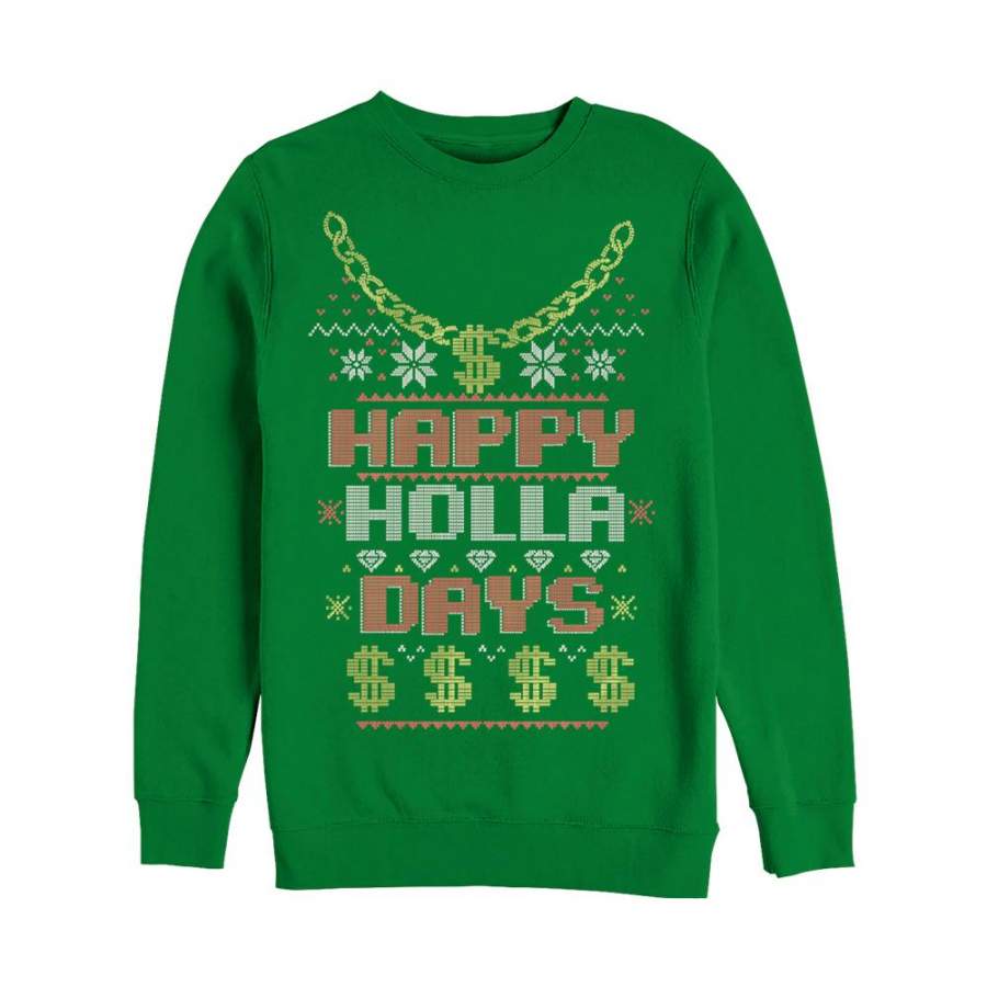 Lost Gods Men’s Ugly Christmas Happy Holla Days  Sweatshirt Kelly Green