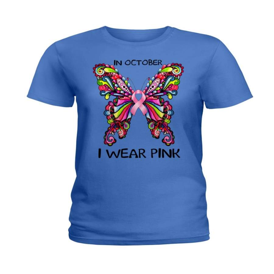 In October I Wear Pink Breast Cancer Awareness Butterfly Shirt