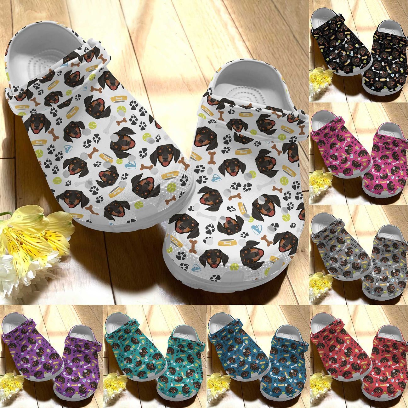 Dachshund Personalize Clog, Custom Name, Text, Fashion Style For Women, Men, Kid, Print 3D Whitesole Smiling Dachshund