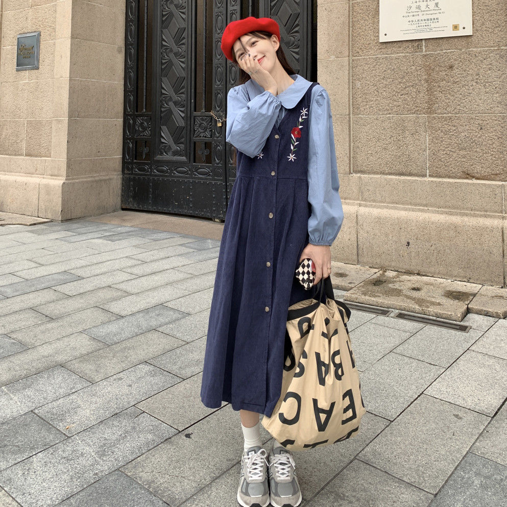 V-neck Dresses Women Autumn Retro Corduroy Floral Embroidery Mid-calf Loose A-line Dress Elegant Ladies Leisure Ulzzang Simple alx