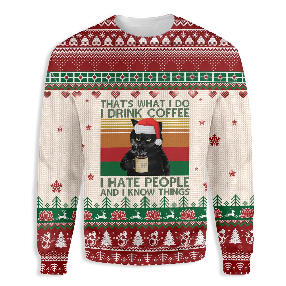 Ugly Christmas Cat That’S What I Drink Coffee Ez12 1810 All Over Print Sweatshirt