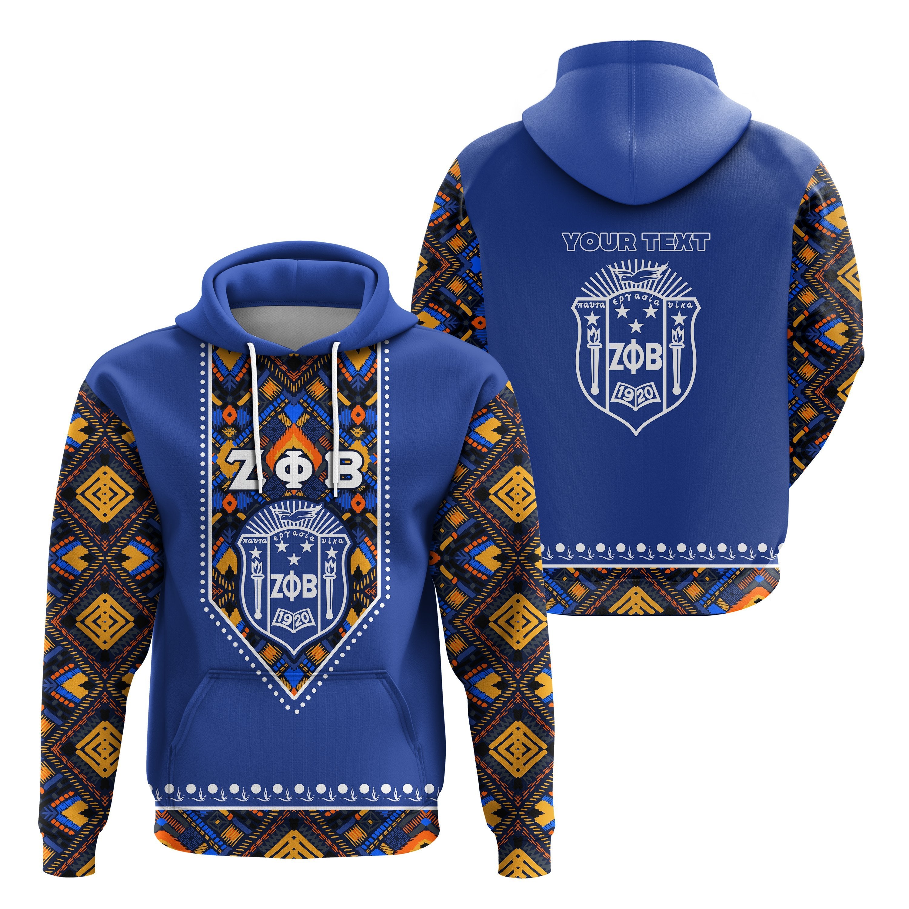 (Custom Personalised) Greek Life Hoodie – Zeta Phi Beta African Pattern – Royal Blue Lt16